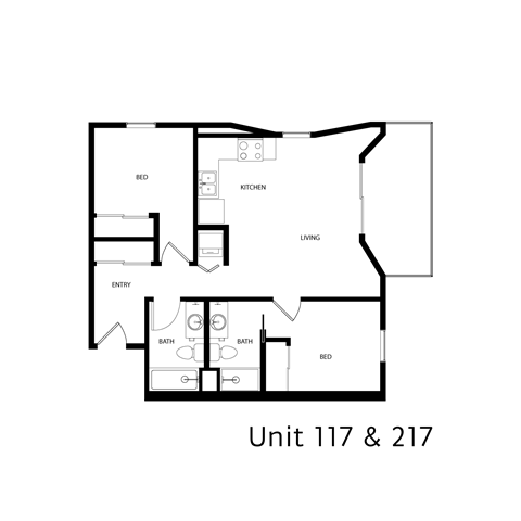 Floor plan for 2 beds, 2 baths, 775 sqft